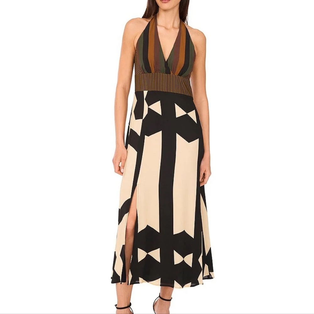 Vince Camuto Woven Abstract Print V-Neck Midi Dress Size Medium